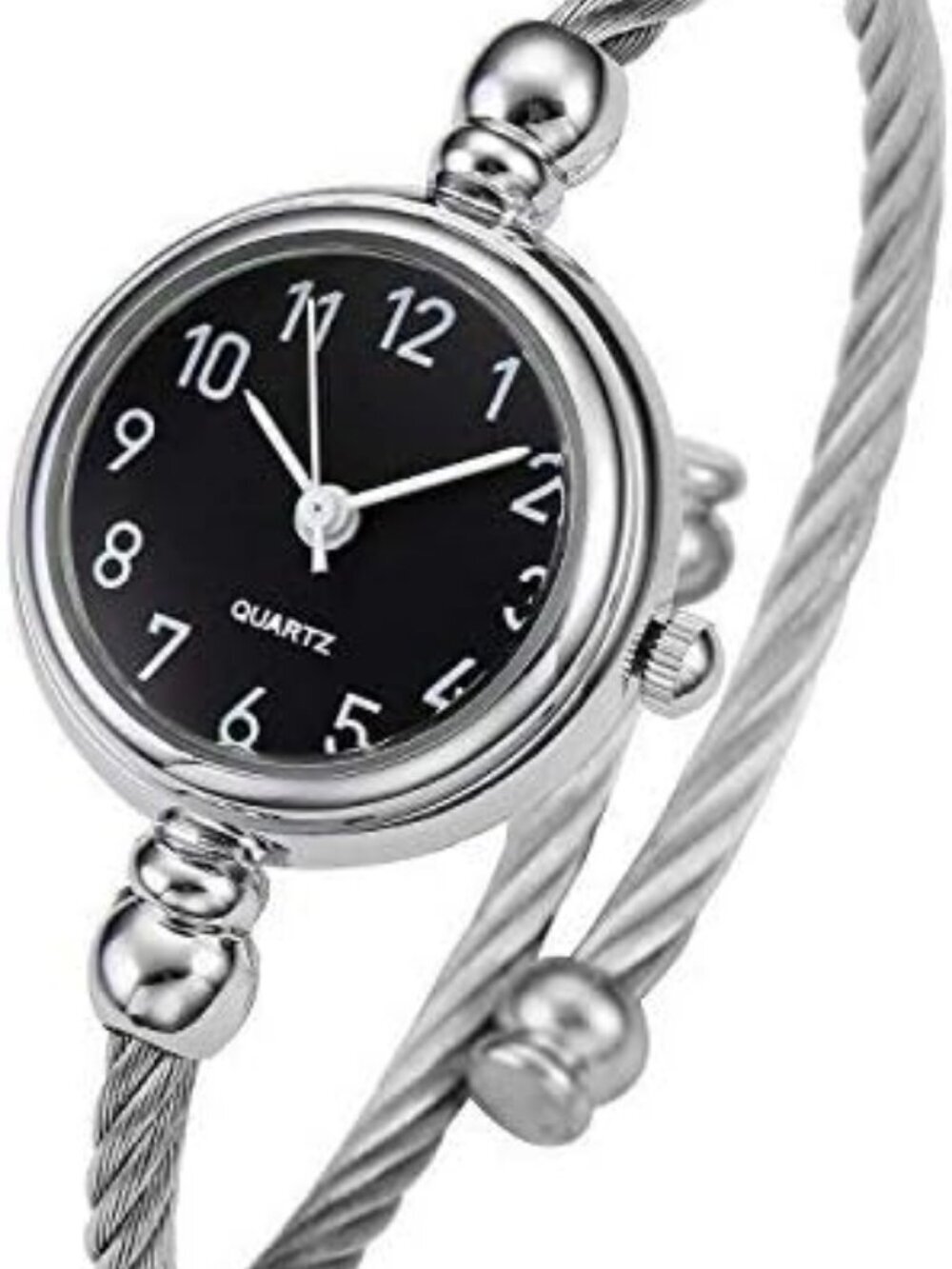 Women's Silver Black Analog Stainless Steel Arabic Numerals Wrist Bracelet Watch